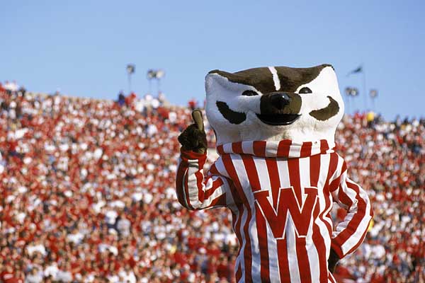Bucky Badger, directing fans to follow all these guys on Twitter. (Flickr)